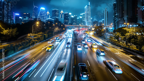 Fast-paced city traffic on an urban highway during evening rush hour, with car headlights and dynamic night transport highlighted by motion blur and long exposure photography