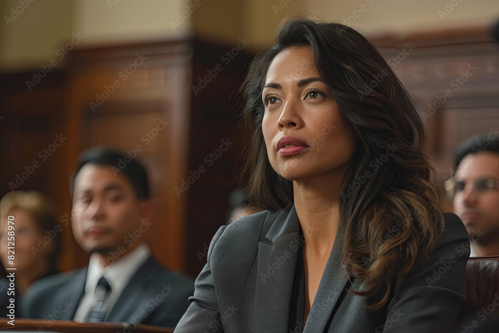 Seasoned lawyer confidently presenting her case to a jury in a courtroom, demonstrating expertise and persuasive skills Seasoned lawyer confidently presenting her case to a jury in a courtroom, demonstrating expertise and persuasive skills