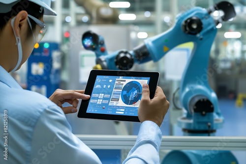 A man is using a tablet to view a robot in a factory. The robot is blue and has a large screen on its side. The man is wearing a hard hat and he is focused on the tablet