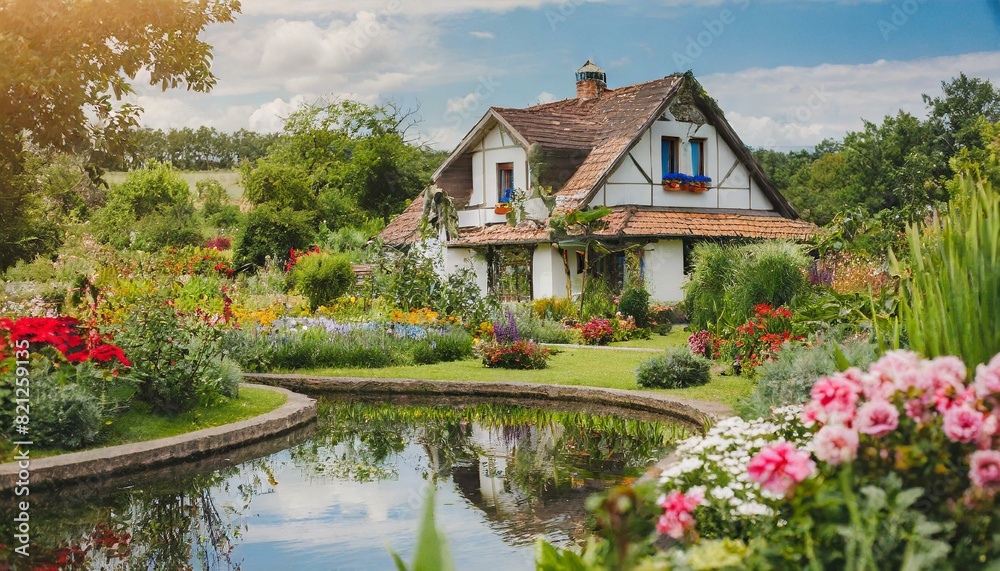 house with a beautiful garden with flowers, and a pond house with a beautiful garden with flowers, and a pond