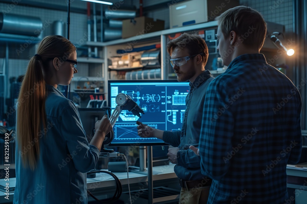 Three people are standing around a computer monitor, looking at the screen. They are all wearing glasses and seem to be working on a project together. Scene is focused and collaborative Three people are standing around a computer monitor, looking at the screen. They are all wearing glasses and seem to be working on a project together. Scene is focused and collaborative