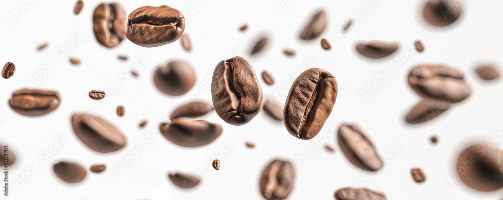 flying coffee beans on a white background, depth of field, advertising style flying coffee beans on a white background, depth of field, advertising style