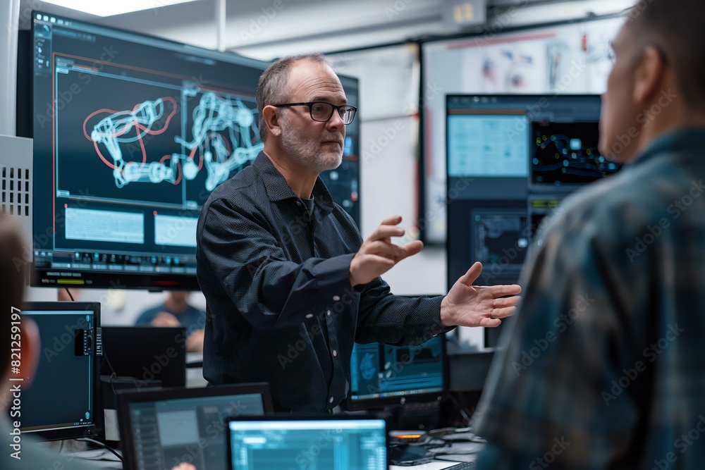 A man is standing in front of a computer monitor with a group of people around him. He is pointing at the screen and talking to the group. Scene is serious and focused A man is standing in front of a computer monitor with a group of people around him. He is pointing at the screen and talking to the group. Scene is serious and focused