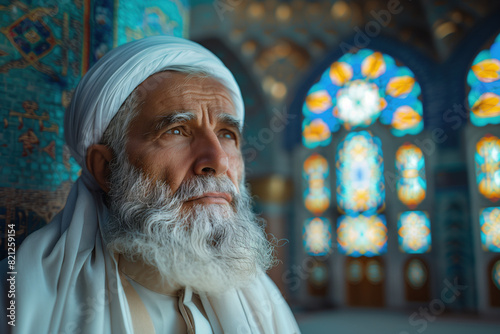 portrait of old muslim man in the mosque