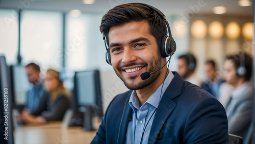 Portrait of a smiling Friendly and helpful customer service representative wearing a headset