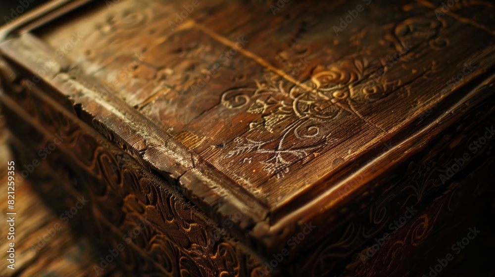 Fototapeta premium Beauty and rusticity of the wooden box, showing its texture and decorative details. generative ai