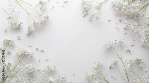 White small flowers on a white background with a place for congratulations. view from above.