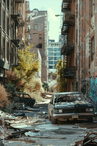 An abandoned urban street with dilapidated vehicles and overgrown foliage, depicting the aftermath of economic decline in a city neighborhood, realistic urban social problem photo
