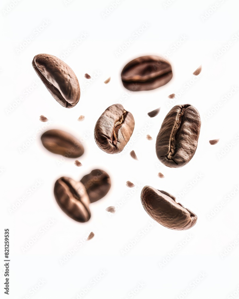 Fototapeta premium flying coffee beans on a white background, depth of field, advertising style