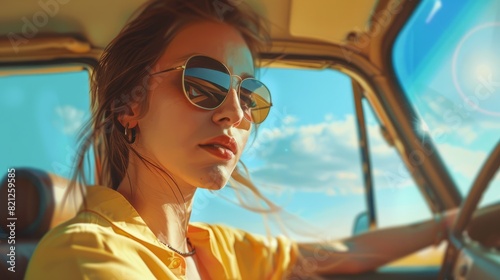 Young woman driving car on vaccation in hot day photo