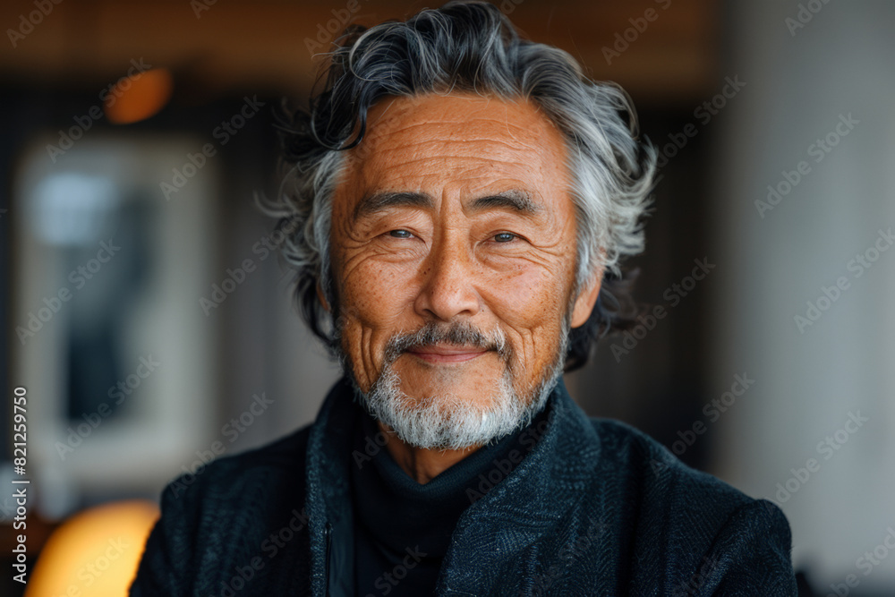 Asian man with beard in black jacket in living room interior with picture and warm lighting, for ads Asian man with beard in black jacket in living room interior with picture and warm lighting, for ads