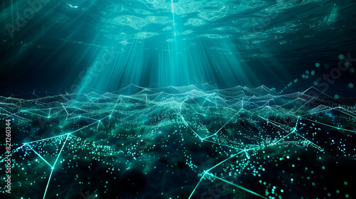 Underwater communication network visualized with light beams connecting subsea data stations in a bioluminescent ocean
