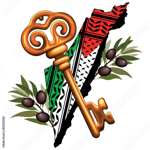 Palestinian Key, Palestine Map and Olive Tree Branches Symbols of Freedom Vector Illustration

