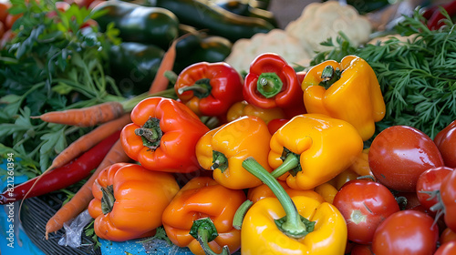 variety of colorful vegetables  including red and yellow peppers  carrots  and tomatoes  are displayed on a table