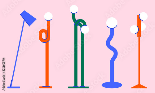 Scandinavian design floor lamps vector illustration set. Midcentury style interior illumination. Pop up indoor interior
