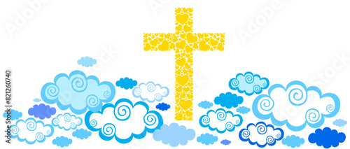 Christian cross in a sky with some clouds. Easter Holiday. He is risen. Christian religious design for resurrection celebrate theme.   Horizontal card format for web banner or header. Vector
