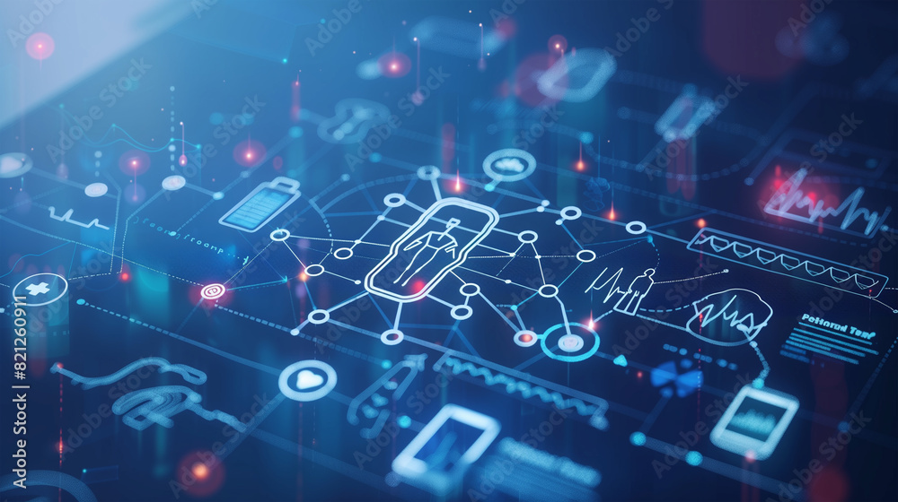 Digital health ecosystem, visualizing the interconnectivity between telehealth services, wearable devices, and patient data analytics Digital health ecosystem, visualizing the interconnectivity between telehealth services, wearable devices, and patient data analytics