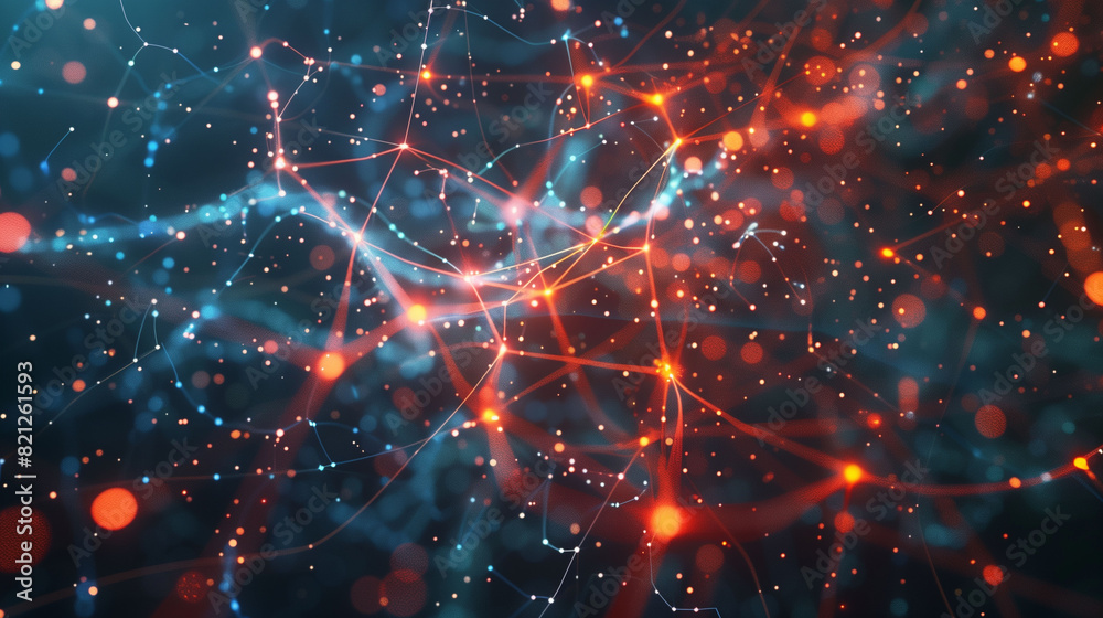 Artificial neural network visualized as a complex web of glowing synapses and digital neurons in a dynamic display Artificial neural network visualized as a complex web of glowing synapses and digital neurons in a dynamic display