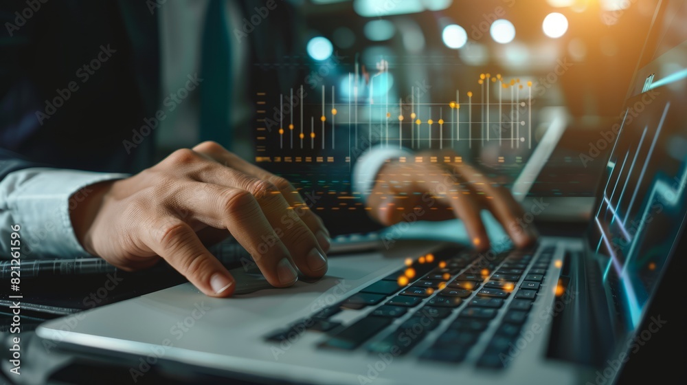 Professional businessman analyzing financial data on modern computer with business graph - workplace productivity and data analysis concept Professional businessman analyzing financial data on modern computer with business graph - workplace productivity and data analysis concept