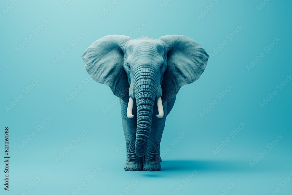 A blue elephant stands facing forward on a bright blue background in minimalistic composition. Monochromatic colors. A blue elephant stands facing forward on a bright blue background in minimalistic composition. Monochromatic colors.