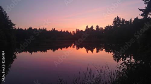 Tranquil forest lake at sunset with vibrant skies reflected in still waters, surrounded by silhouetted trees under a clear gradient sky.