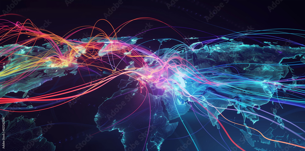 Undersea cable network map visualizing global internet traffic flows 