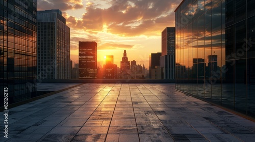 Dramatic Skyline Sunset: Photograph the empty roof space at sunset, with the warm glow of the setting sun illuminating the surrounding skyscrapers. Generative AI photo