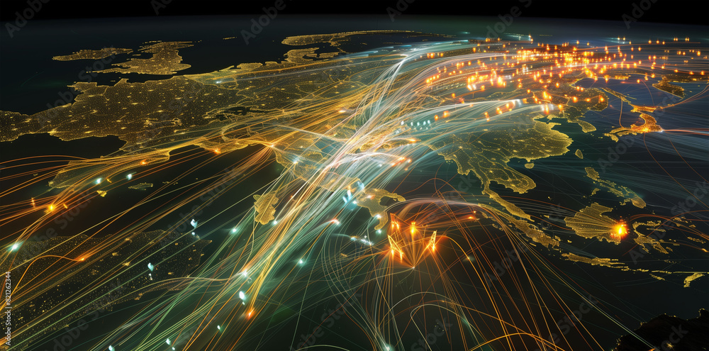 Interconnected global trade network visualized through a 3D model of shipping lanes, air routes, and digital data flows