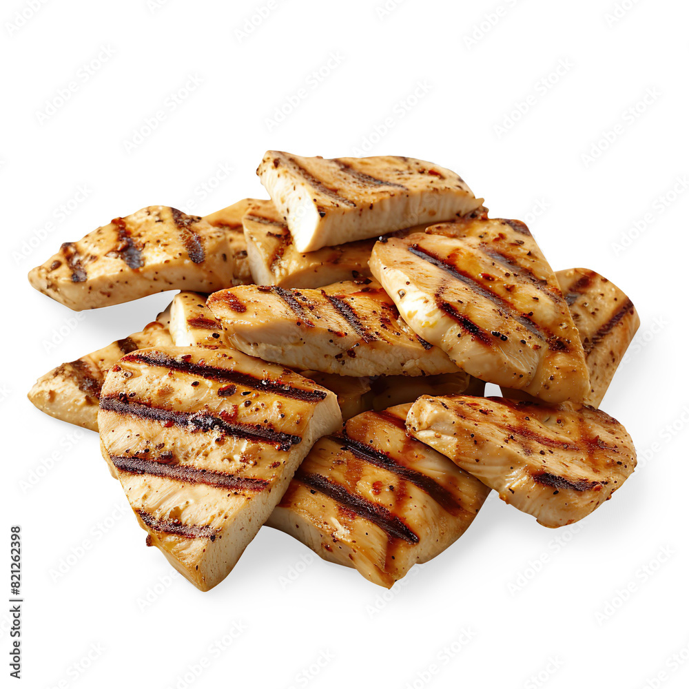 Grilled chicken slices isolated on a transparent background