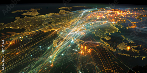 Interconnected global trade network visualized through a 3D model of shipping lanes, air routes, and digital data flows
