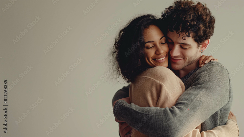 couple embracing on Independence Day, with a solid grey background couple embracing on Independence Day, with a solid grey background