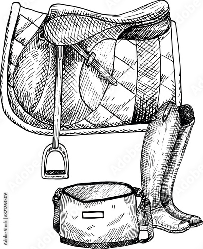 Graphic vector illustration of saddle on wooden stand. Boot, bag. Hand painting. Horse equipment, for horse sport, riding