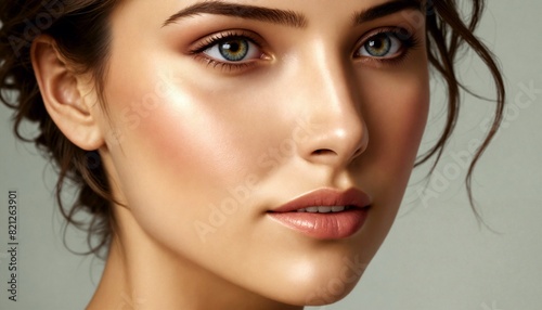 Her timeless beauty radiates in this elegant close-up portrait emphasizing natural feminine features.