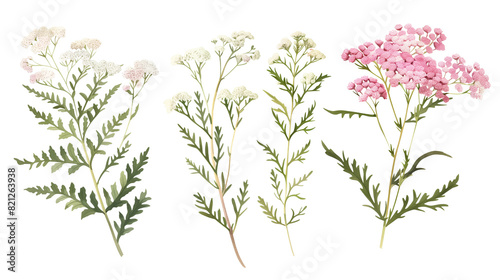 Set of yarrow elements  showcasing its tiny clustered white or pink flowers  feathery leaves  and medicinal properties  used in traditional healing 