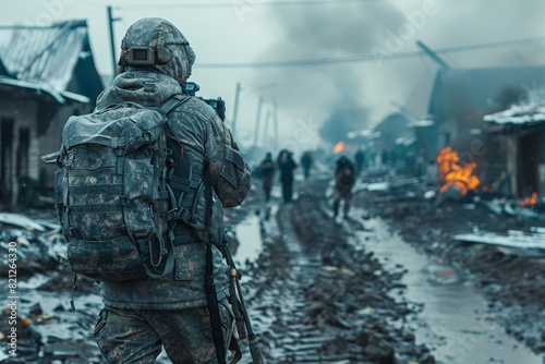 A soldier with a camera on helmet stands in a devastated area with smoke and fire in the background, suggesting a war scenario