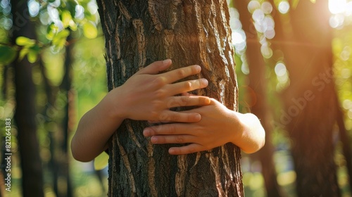 Hug a tree, Green natural background. Concept of people love nature and protect from deforestation or pollution or climate change  photo