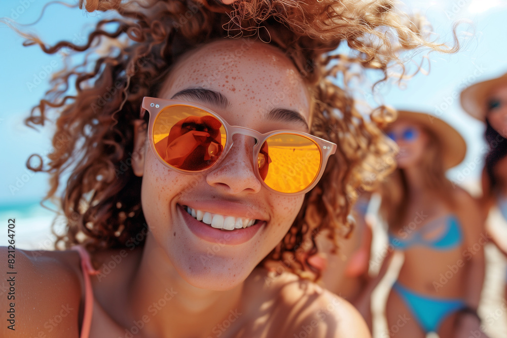 A joyful woman with curly hair and orange sunglasses, with friends in the background on the beach. A joyful woman with curly hair and orange sunglasses, with friends in the background on the beach.