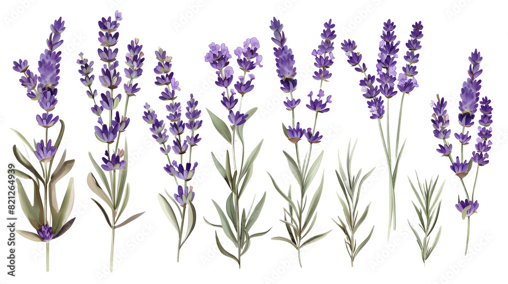 Obraz premium Set of lavender flowers, showcasing their iconic purple blooms used in perfumery and relaxation products