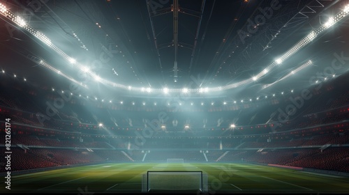 Panoramic view of big soccer stadium with fan stands illuminated by floodlights and spotlights. Empty night Football arena, nobody, banner template, copy space. Generative AI photo. photo