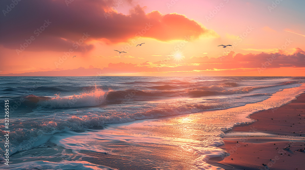  a sandy beach with crashing waves and birds flying in the sky. The sun is setting in the background, casting a warm orange glow on the clouds
