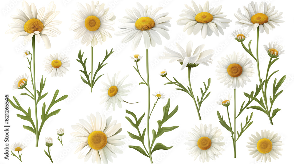 Set of chamomile flowers, featuring daisy-like white and yellow flowers known for their soothing tea benefits