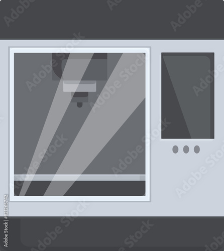 Modern microwave oven with touch pad controls in a kitchen setting, rendered in gray scale