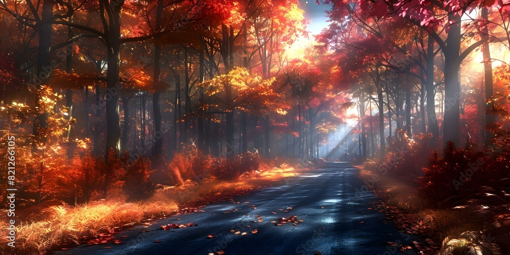 Vivid 3D rendering of forest road with dramatic lighting and vibrant foliage. Concept Digital Art, 3D Rendering, Forest Road, Dramatic Lighting, Vivid Foliage
