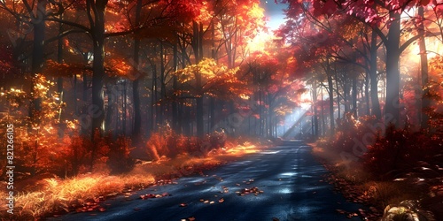 Vivid 3D rendering of forest road with dramatic lighting and vibrant foliage. Concept Digital Art, 3D Rendering, Forest Road, Dramatic Lighting, Vivid Foliage © Ян Заболотний