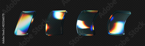 3d deform glass crystal liquid figure set with rainbow reflection light isolated on dark background. Transparent flying 3d curvy glass square shapes or button with hologram gradient. 3d vector figure