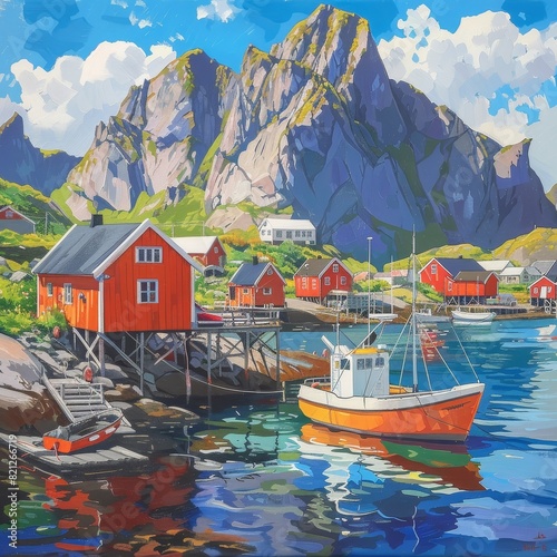 Lafoten Islands landscape with colorful houses and fishing boats 