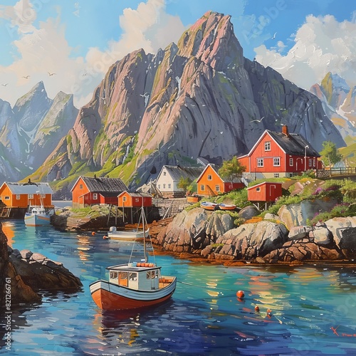 Lafoten Islands landscape with colorful houses and fishing boats photo