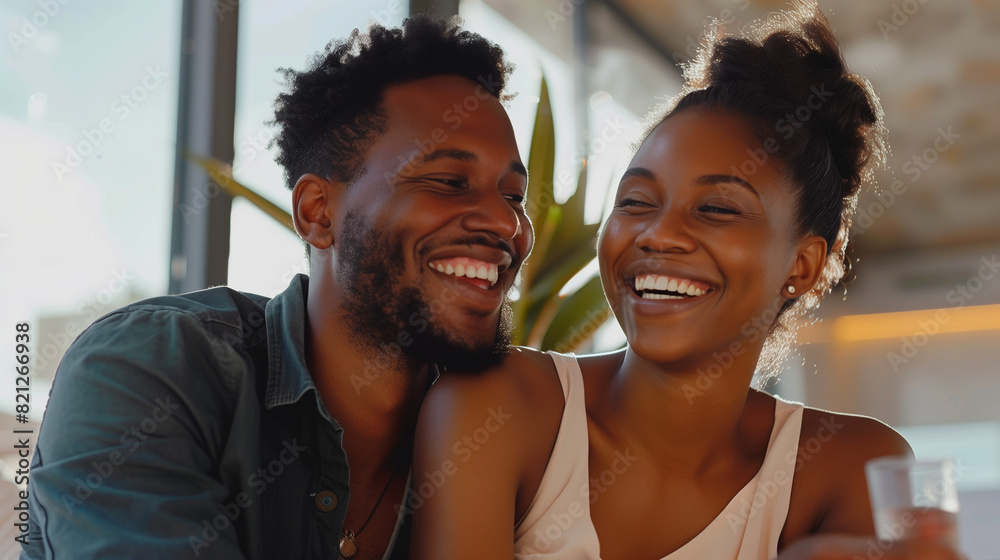 Fototapeta premium Smiling couple enjoying a bonding moment indoors during the day.