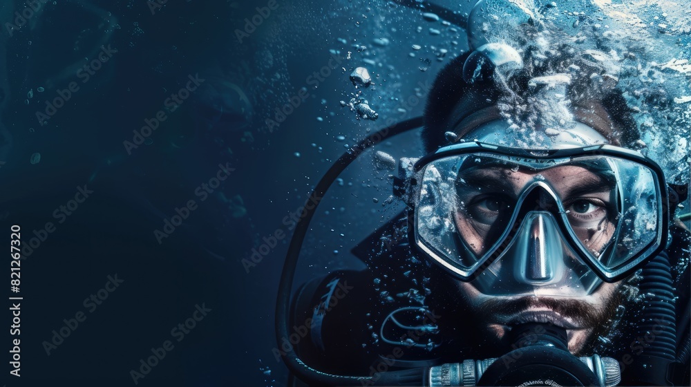 Portrait of scuba diver underwater with fish. scuba diving in deep blue sea banner. explores Coral Reef in Tropical Sea Portrait of scuba diver underwater with fish. scuba diving in deep blue sea banner. explores Coral Reef in Tropical Sea