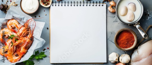 Blank recipe book page surrounded by ingredients. photo